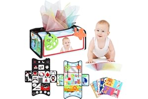 LANJUE 2-IN-1 Baby Mirror & Tissue Box Toy, 0-6 Months Tummy Time Mirror Flip Mirror High Contrast Sensory Toys with Crinkle Tissue Papers & Colorful Scarves, Early Learning Toys for Babies Toddlers