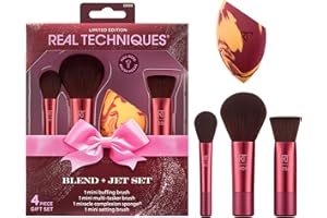 ‎REAL TECHNIQUES Real Techniques Blend + Jet Set 4-Piece Set, Mini Makeup Brush Kit with Miracle Complexion Sponge, Travel-Ready Tools for Cream, Liquid, Powder, Flawless Application, Vegan & Cruelty-Free