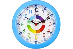 Kiddus Wall Clock for Boys and Girls. Silent Analogue Time Teacher with Exercises. Easy to Read and Learn the Time. Blue