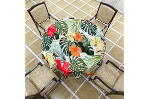 VVA Round Tablecloth Hawaiian Summer with Tropical Plants Hibiscus Flowers Green Waterproof Table Cloth for Holiday Party Family Dinners Patio Indoor Outdoor Events 50 Inch