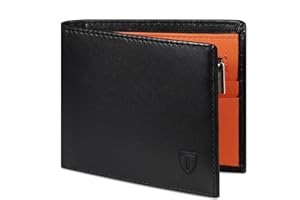TEEHON Wallets for Men UK with RFID Blocking Slim Wallet with Coin Pocke, 11 Card Slots, 2 Note Pockets, ID Window & Gift Box - Black & Orange