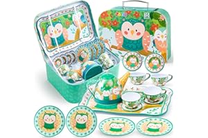 JOYIN Children's Tea Service Tin Teapot Set for Children Tea Party Kitchen Owl Teapot Set as Boys and Girls Birthday Gift