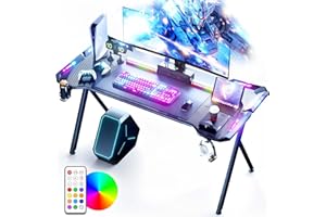 Dowinx Bureau gaming à LED, RVB, surface en fibre de carbone, avec télécommande, porte-gobelet et crochet pour casque, 120 cm, noir