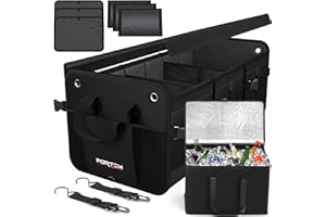 FORTEM Organizer Bagażnika Samochodowego SUV, Składany z Przegródkami, Antypoślizgowy Spód, Regulowane Pasy Mocujące, Składana Pokrywa, Praktyczne Przechowywanie Akcesoriów (110L)