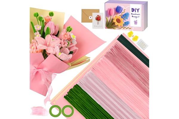 UUEMB 400 Pièces Fil Chenille, Kit de Cure Pipes en Forme de Fleur 4 Couleurs pour DIY Bouquet et Décoration avec Tige Fleur Ruban Adhésif étamines Ruban Carte de Vœux et Papier Cadeau (Rose)