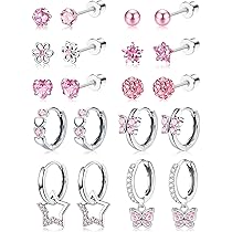JeweBella Set 10 Paia Orecchini In Acciaio Chirurgico 316L Per Donna E Bambina – Farfalle, Fiori E Zirconi Multicolore, Chiusura A Vite