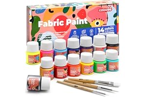 colozoo Pintura Textil Resistente a la Lavadora 14x20ml | Set de Pintura Textil Inc. Oro, Plata y 2 Colores Neón y 3 Pinceles | Pintura Textil para Tejidos Oscuros y Claros