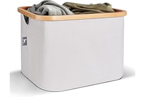 HENNEZ Canvas Kallax Storage Boxes for Shelves - Foldable Laundry Basket Kallax Insert - Collapsible Wardrobe Storage Box Towel Storage Baskets for Linen Toy Cube Storage Box Organiser, Bamboo Handles