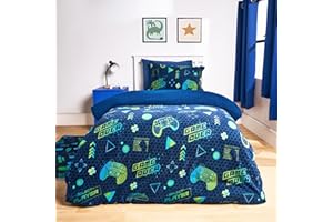 OHS Boys Single Duvet Cover Set, Super Soft Warm Stylish Gaming Print Fleece Duvet Cover Comfy Reversible Kids Single Bedding Sets with Pillowcase, Black/Green