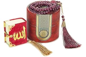 ihvan online, Islamischer Gebetszylinder Geschenkbox mit elegantem samtigem Mini Koran & Gebet Beads Tesbih, Ramadan & Eid Geschenk, Burgund