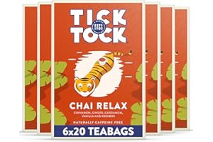 Tick Tock Wellbeing Relax Chai Tea 6 x 20 (120 Teabags), Caffeine-Free Rooibos Tea Bags with Cinnamon, Ginger, Cardamom & Vanilla