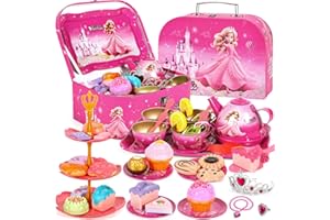 EUZLABBY 52 Teiliges Teeparty Set,Teeservice Kinder,Tin Teekannen-Set,Prinzessinnen Tee Zeit Spielküchen Spielzeug mit Tassen,Tellern und Zubehör,für Geburtstags Ostergeschenke für 3-8 Jahre Kinder.