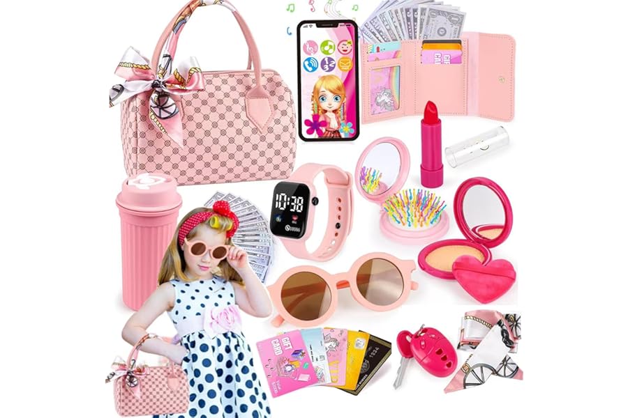32 Pcs Play Purse for Little Girls - Kids Pretend Makeup Set, Role Play Cute Princess Toys Gifts for Christmas Birthday Party, Girls Stuffs Includes Handbag, Phone, Wristwatch for Age 3 4 5 6 7