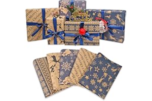 HAIPICHO Christmas Wrapping Paper Set, 10 Pack Folded Sheets (5 Designs, 2 Each) 70x50cm – Kraft & Navy Gift Wrap Paper with Reindeer and Snowflake Prints – Recyclable Xmas Wrapping for Gifts & Holidays