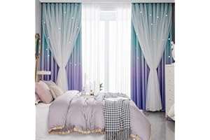 ‎TOSPASS Tospass Vorhang Kinderzimmer Blickdicht Gardinen Mädchen Verdunkelungsvorhang Glänzend Sterne Vorhänge mit Ösen Voile 2er Set Gardienen für Schlafzimmer Wohnzimmer Curtains 100x130 cm Blau Lila