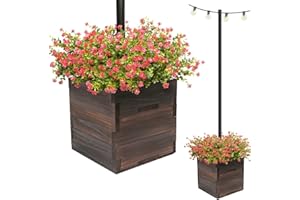 EXCELLO GLOBAL PRODUCTS Extra Large Decorative Wooden Planter with Universal Pole Support for String Light Poles, Umbrellas, Bird Feeders. Solid Wood Outdoor Garden Patio Box for Plants or Flowers, 17"x17"x18", Brown