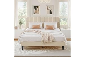 VECELO Lit Double Rembourré 140x190 cm, Support à Lattes en Bois Solide, Tissu Velours, Facile à Assembler, Beige
