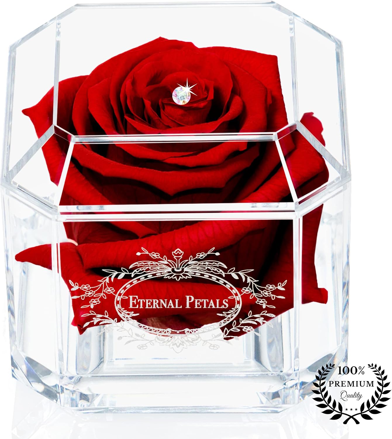 A 100% Real Rose That Lasts Years - Eternal Petals, Handmade in London - White Gold Solo with A Multicolor Crystal (Deep Red)