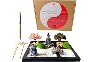 Zen&TAO Japanskt trädgårdsset, svart bricka med träd, mossor, Buddha-staty, bro, stenar, sandverktygsset, 2024 uppgraderingar