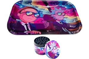 TPLF COMBO - Set di set vassoio di rotolamento Rick e Morty 27 x 16 cm in ferro solido + smerigliatrice abbinata 50 mm di diametro in 4 parti smerigliatrice spezie zinco molto robusto