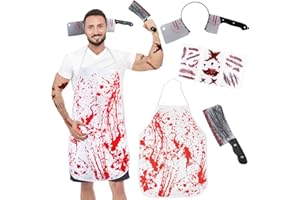 Moiuguli Halloween Costumes for Men, Halloween Apron Mens Butcher Costume Ideas Male - 1 Apron, 2 Butcher Thru Head Toy, 3 Sheets Realistic Tattoo Stickers Outfit for Adult & Teen Chef