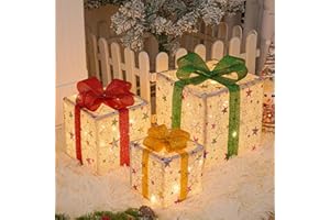 Lypumso Juego de 3 Cajas de Regalo Navidad Iluminadas, 50Leds Cajas Decorativas Navidad Luces 8 Modos con Control Remoto, Cajas Regalo Estrellas LED para Decoracion Navideña, árbol de Navidad, Fiesta