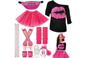 YOUYIKE Déguisement Année 80 Accessoire Femme,S/M/L/XL/XXL, T-shirt, sac ceinture, tutu, bandeau, collier, boucle d'oreille, gants résille, Costume Déguisement Disco pour Années 80