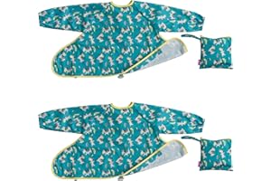 Tidy Tot®™ Cover & Catch™ 2 Pack Weaning Bib with Sleeves. Attach to Highchairs with Suction for Mess Proof Baby Feeding. 2 Waterproof Long Sleeved Bibs. Coverall BLW Bibs. Travel Bags Included.