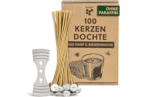 BEEGUT Lot de 100 mèches de bougies durables en chanvre renouvelable et cire d'abeille naturelle sans paraffine (10 cm) avec porte-mèche pratique