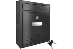 TÄGA 2218 Boîte aux Lettres Moderne, Acier brossé, Plaque nom & volet de Protection, Verrouillable, Matériel de Fixation et 2 clés, Noir