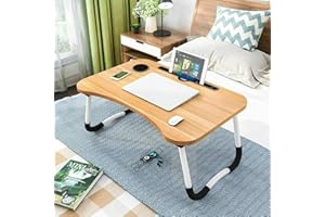 M MU Mulin Table pliante polyvalente : pliable, réglable et compatible avec les ordinateurs portables, tablettes et ordinateurs portables 60 x 40 x 28 cm, table à coucher - Effet bois naturel