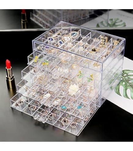 Jinavoty Boîte de rangement pour colliers, boîte organisatrice pour colliers en acrylique avec plateau en velours, vitrine pour colliers étanche pour femmes et filles (Beige, 5 tiroirs