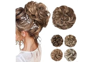 JJstar Chignon Postiche Cheveux Grande Postiches Bouclés Ondulés Chouchou Cheveux Naturel Faux Chignon Elastique pour Femmes Fille (Brune & Blonde au Miel)