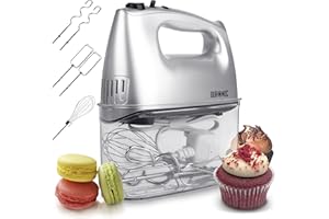 Duronic HM4 SR Batidora de Varillas, Batidora Amasadora Repostería 400W, 5 Velocidades. 2 Varillas Batidoras, 2 Ganchos, 1 Varilla Globo - Acero Inoxidable Grado Alimenticio - BPA Free - Color Plata