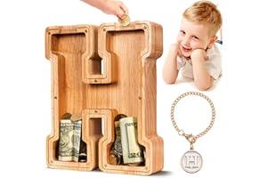 SummiDate Wooden Letter Money Box for Kids, Personalised Piggy Bank for Boys Girls Toddler, Alphabet H Money Banks| Coin Bank Birthday Gift for Kids|Children's Gift(Initial-H)