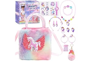 GMUFTIR Licorne Sac a Main Bijoux Enfants Fille, 15 Pièces Sac à Main Licorne, Kit Bijoux Princesse Accessoire, Collier Bracelet Boucles d'oreilles Bagues, Cadeau Fille 3 4 5 6 7 8 Ans