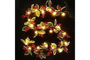 Quntis 1.75M Guirnalda de Navidad Artificial con Luces, 20 LED Guirnalda de Plástico con Pilas/Batería, para Puerta Delantera, Chimenea, Escalera, Mesa, Porche, Interior de Vacaciones, Hoja