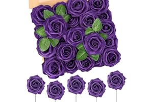 N&T NIETING Lot de 25 roses artificielles décoratives avec tiges pour bricolage, mariage, fête, arrangement floral, décoration de la maison, violet foncé