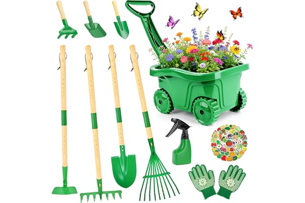 IEEILULU Brouette Enfant, Outils Jardinage Enfant avec Pelle Bêche Râteau Gants Tablier Arrosoir, Set Jardinage pour Garçons et Filles 3 4 5 6+ Ans, Jouet Jeux Exterieur Enfants (Vert)