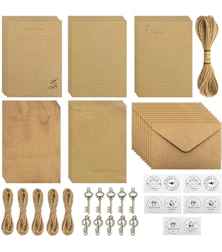 68 Stück Briefpapier Set Edel- 24 Altes Vintage Papier,12 Retro Briefumschläge,18 Hanfseilen, 2 Sheet Seal Stickers,12 Schlüsseln, Briefpapier mit Umschlag Braun A4 für Hochzeiten, Geburtstage