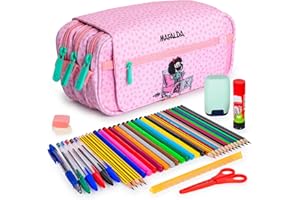 ColePack Design - Lote de Estuche Portatodo Triple con 3 Cremalleras y Material Escolar de Primeras Marcas Incluido (Morning)