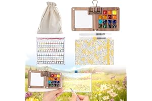 ELIPHONTOWNE 7 PCS Pocket Artist Watercolour Travel Set - 15 Grids Travel Watercolour Paint Set Portable, Mini Watercolour Paint Set Travel, Painting Set with Foldable Wooden Palette, Sketchbook, Brush (Yellow)