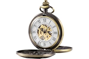 TREEWETO Reloj de bolsillo mecánico de esqueleto para hombre, números romanos retro, medio cazador, bronce