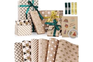 Hianjoo Carta da Regalo, 6 Fogli Carta da Regalo Artigianato con 1 Foglio di Adesivi Regalo 1 Nastro Biadesivo e 4 Nastri per Decorazione Regalo di Compleanno Festa Fai da Te (70 * 50cm)