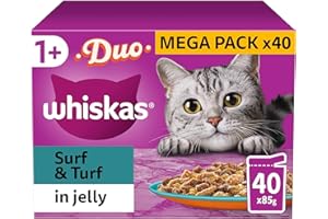 WHISKAS - 1+- Adult Wet Cat Food Pouches - 40 x 85 g - Surf and Turf in Jelly - Bulk Cat Food Megapack - 40 Pouches