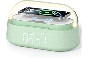 COLSUR Radio Despertador Digital con Carga Inalambrica, FM Radio con Puerto de carca USB, Altavoz Bluetooth, Pantalla LED Ajustable, Despertador de Luz Nocturna, Regalos para Hombre Damas