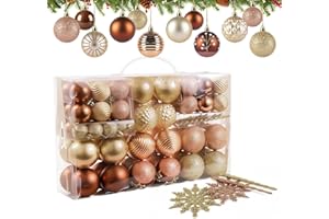 AGOER 88 adornos de bolas de Navidad, bolas de Navidad doradas y cobre en 3 tamaños con copos de nieve, decoraciones de árbol de plástico inastillables en acabado brillante, mate y brillante para vacaciones