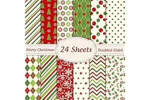Whaline 24 Sheet Christmas Pattern Paper Pack - 12 Designs, Double-Sided, Matte Finish, Green & Red, 11 x 11 Inch Square Sheets, Perfect for Crafts & Scrapbook