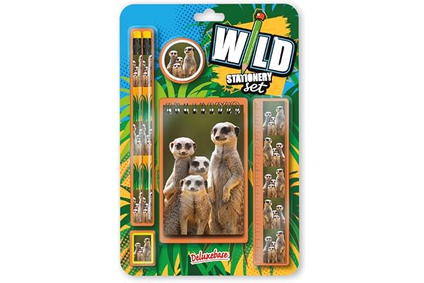 Wild Stationery Set - Suricate de Deluxebase. Ces kits de fournitures scolaires amusants comprennent 2 crayons, une gomme, un taille-crayon, une règle et un cahier, ensemble de papeterie