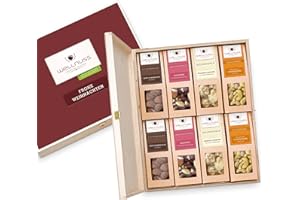 ‎WELLNUSS Wellnuss Geschenk zu Weihnachten: 8 Premium Nuss- und Schokoladen-Snacks in der Geschenkbox aus Birkenholz "Frohe Weihnachten" | Für Eltern, Schwager, Schwester, Kollege oder Freund